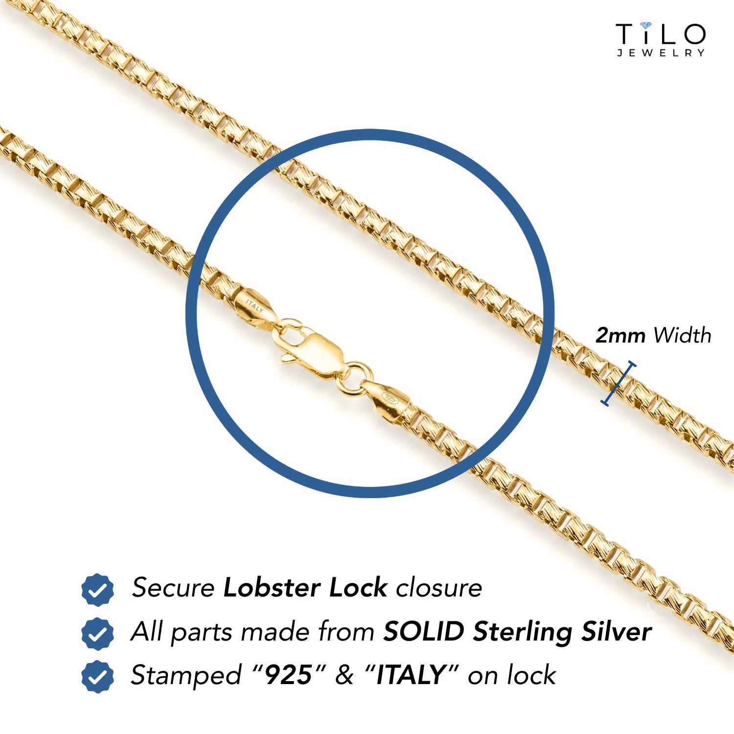 14K Gold Plated Italian Box Chain Bracelet, Solid Sterling Silver, with Lobster Lock