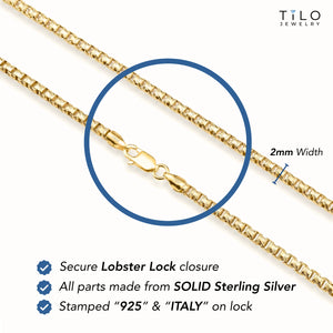 14K Gold Plated Italian Box Chain Bracelet, Solid Sterling Silver, with Lobster Lock