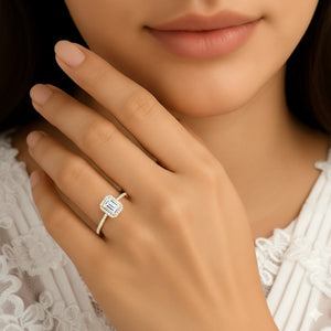 14K Yellow Gold Emerald-Cut Halo Engagement Ring with Side Stones