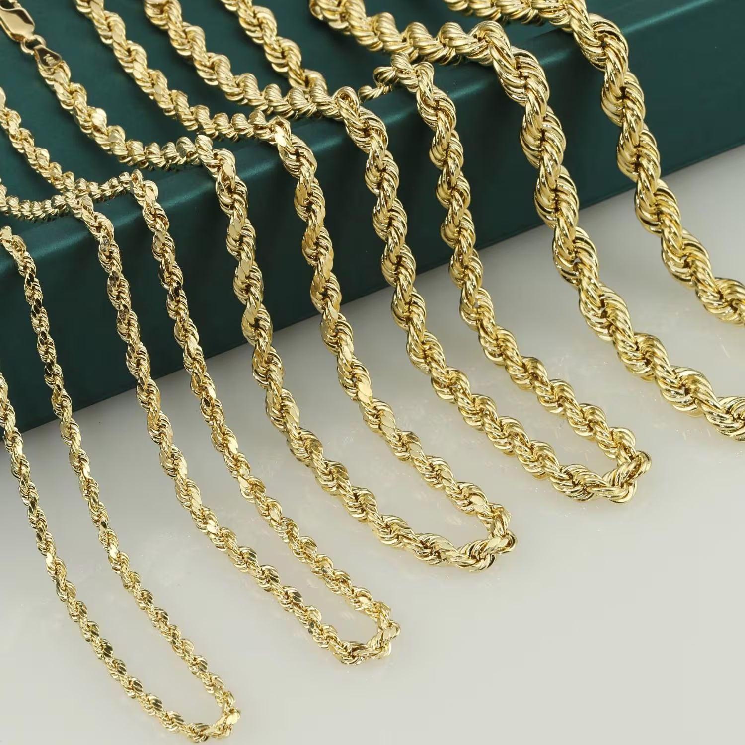 Elegant 10K Yellow Gold Rope Chain Necklace – Solid Gold, 2-5mm, 16-24 Inch with Secure Lobster Clasp.