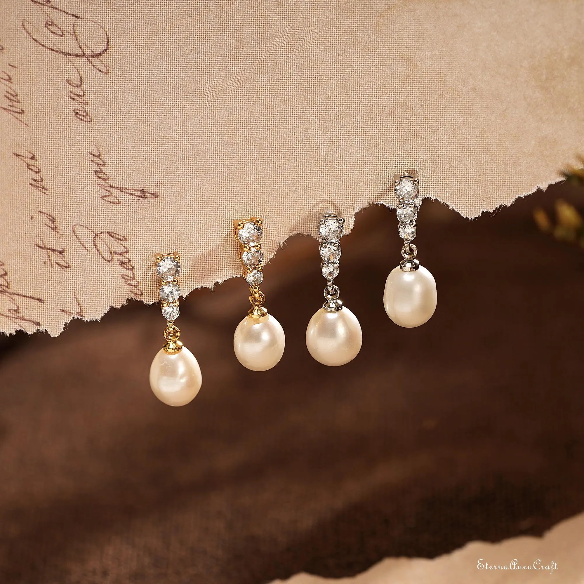 Real Freshwater Pearl Drop Earrings with Diamond, CZ Pearl Stud Earrings, Wedding Earrings, Pearl Bridal Earrings, Bridesmaid Gifts for Her