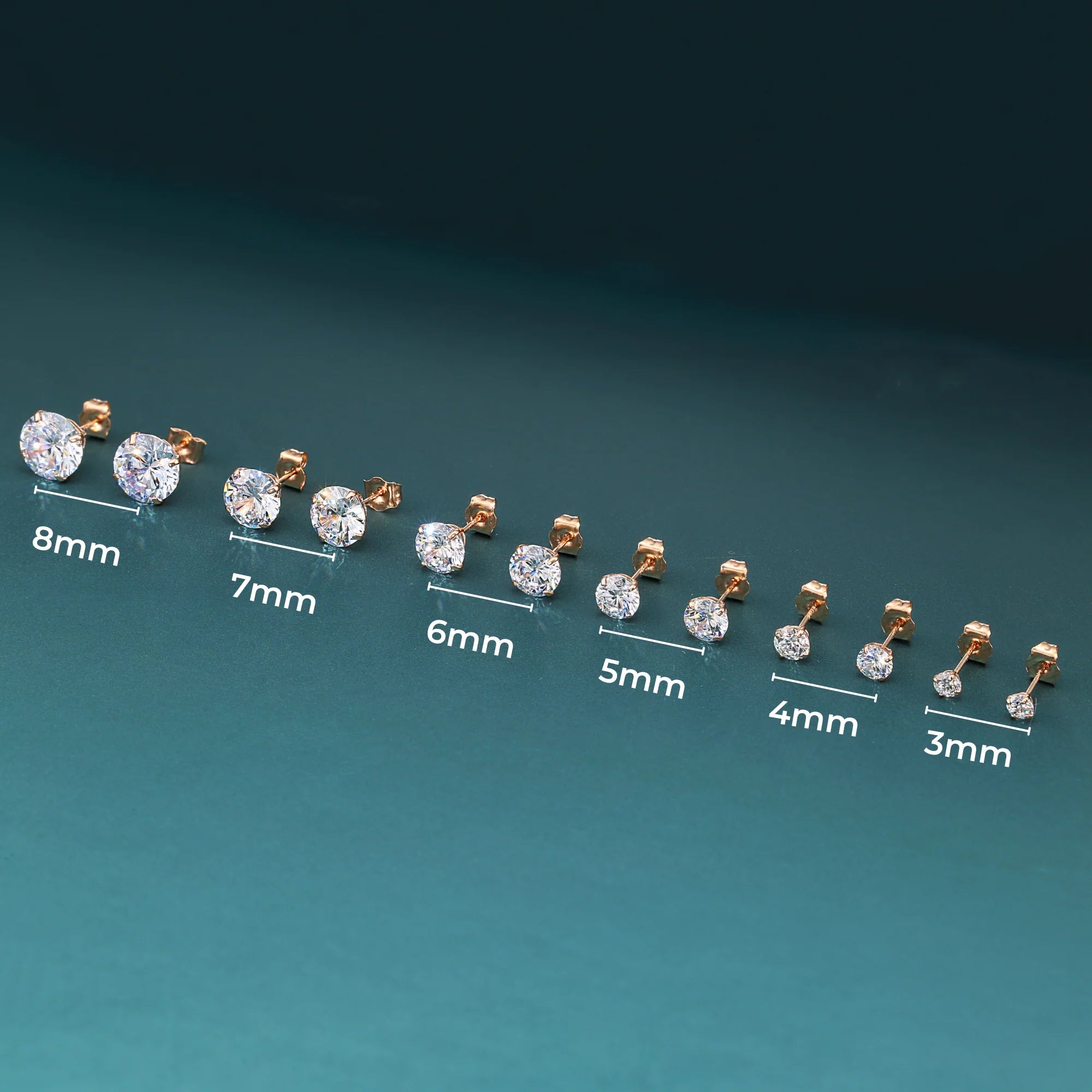 14K Rose Gold Zirconia Solitaire Stud Earrings, Pushback