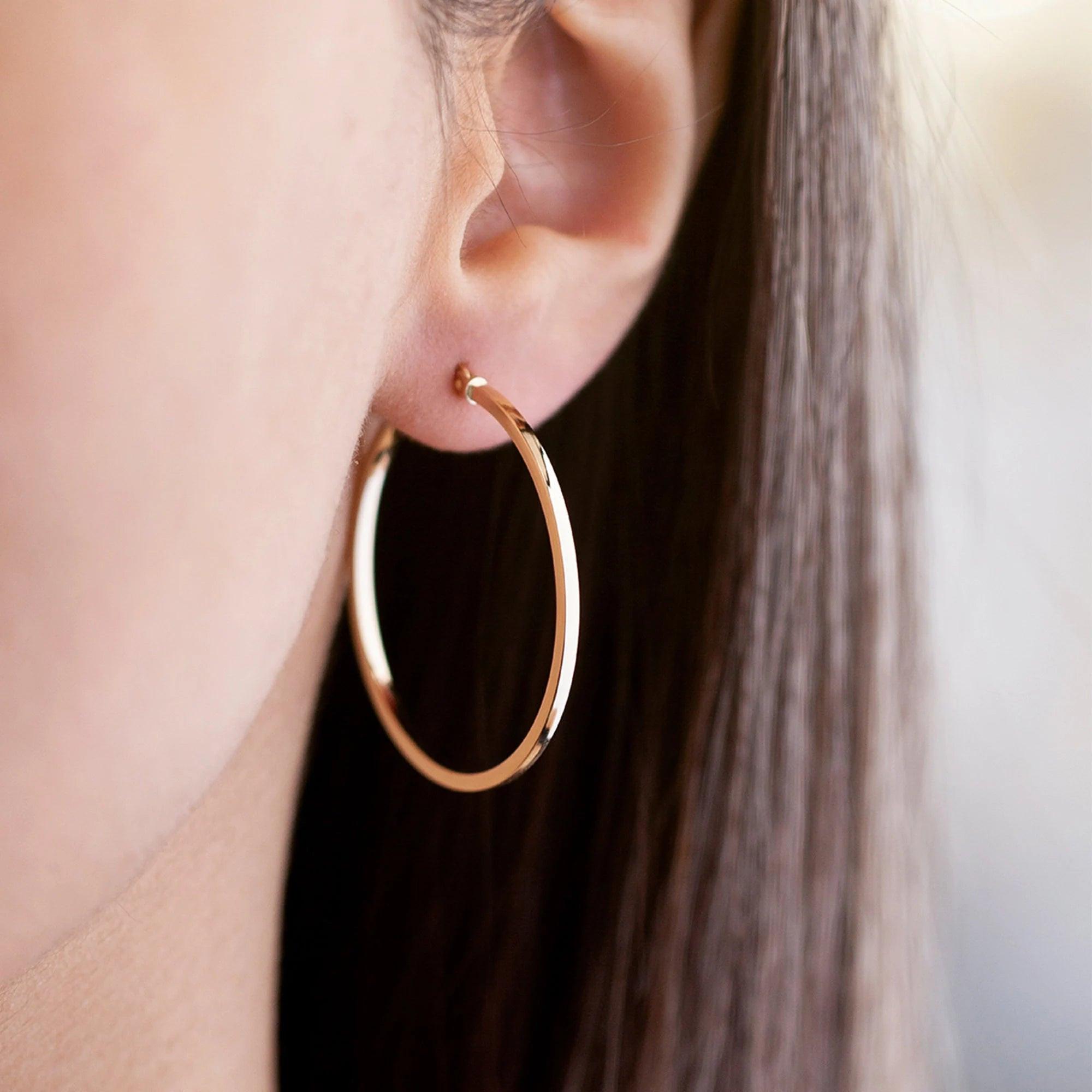 14K Gold Dainty Hoop Earrings - 34mm Large Real Gold Hoops for Women.