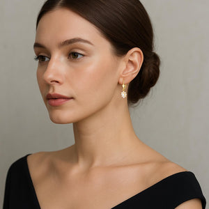 14K Yellow Gold Flower Dangle Earrings with Leverbacks, Diamond April Birthstone, 1 Inch Tall, Fancy Drop Earrings, by TILO Jewelry