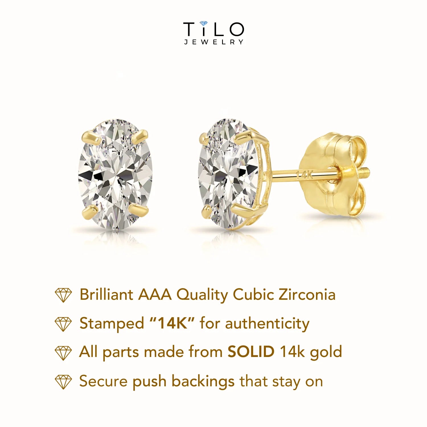 14K Solid Gold Basket Set Oval CZ Stud Earrings, with Pushbacks