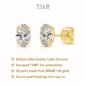 14K Solid Gold Basket Set Oval CZ Stud Earrings, with Pushbacks