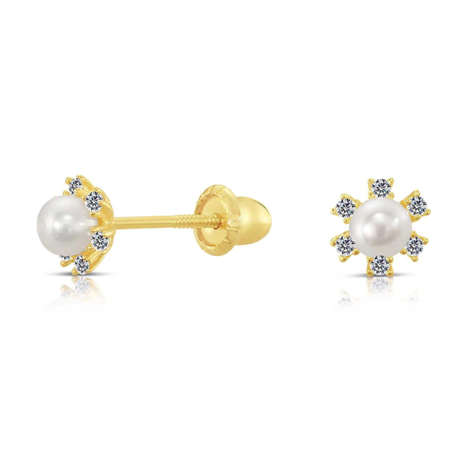 10K Yellow Gold Tiny Flower and Pearl Stud Earrings