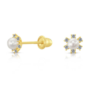 10K Yellow Gold Tiny Flower and Pearl Stud Earrings