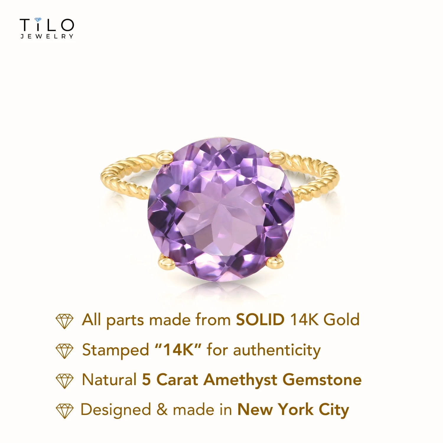 14K Yellow Gold 5 Carat Purple Amethyst Gemstone Ring, "Ms. Luscious"