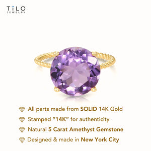 14K Yellow Gold 5 Carat Purple Amethyst Gemstone Ring, "Ms. Luscious"