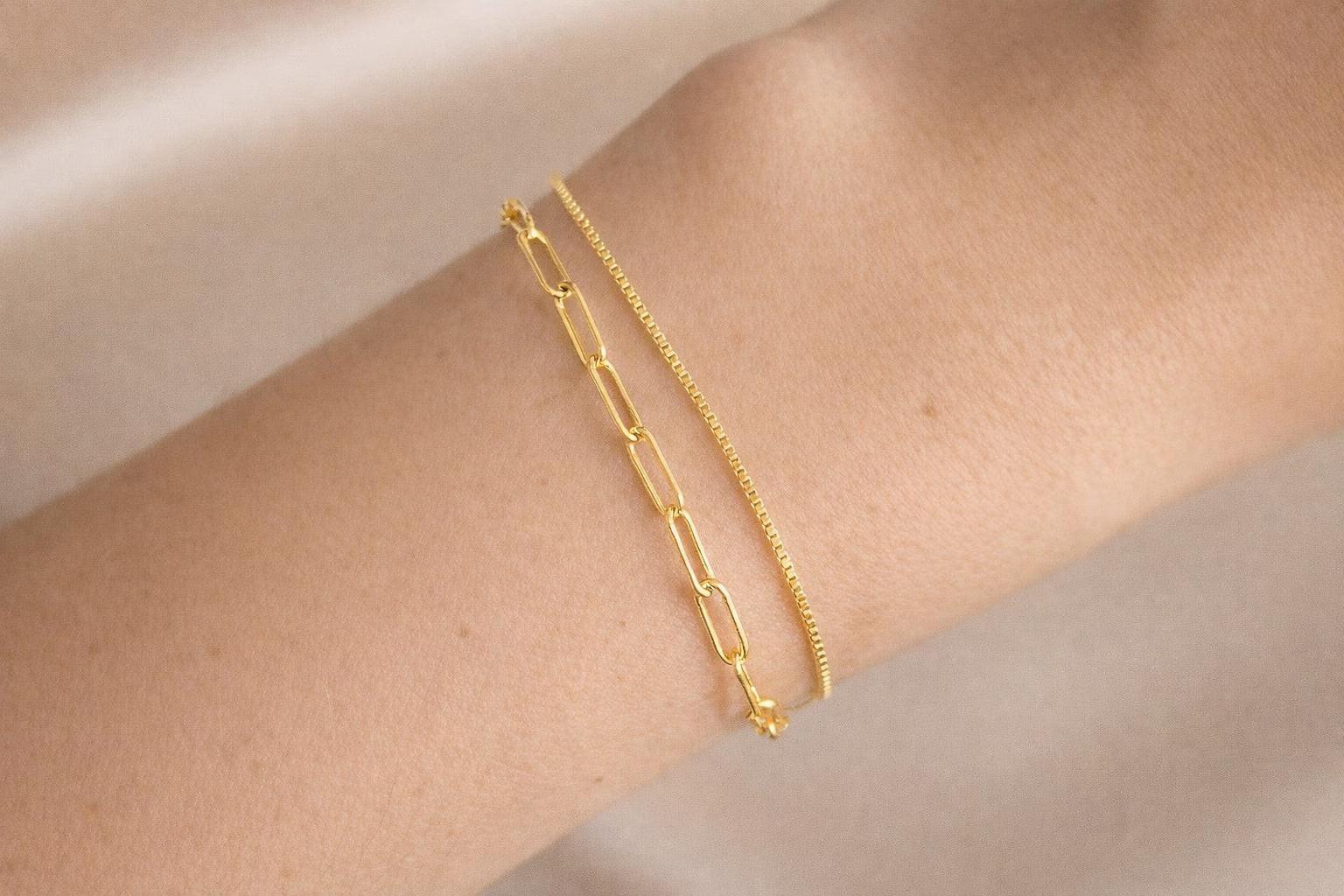 Elegant Gold Filled Bracelet Set - Stackable Rectangle & Box Chain Design, Perfect Gift for Her.