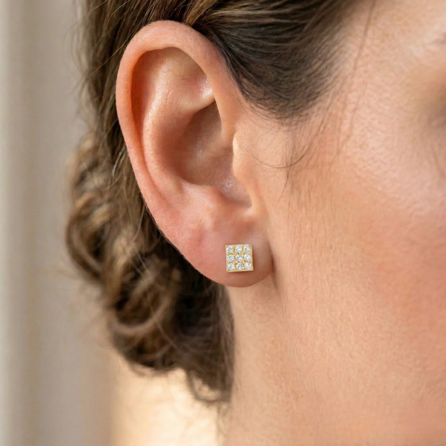 14K Gold Square CZ Stud Earrings, Screwback