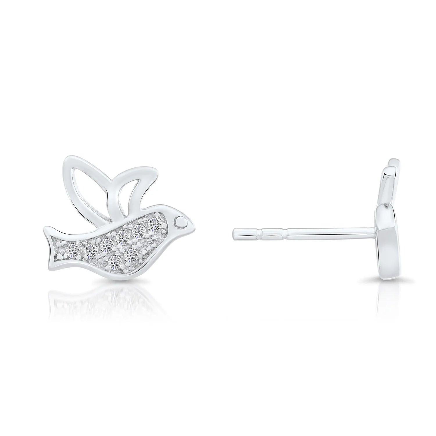 Sterling Silver CZ Little Bird Stud Earrings - Charming and Elegant Accessory.