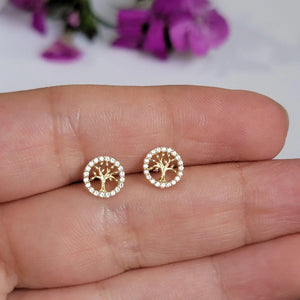 14K Gold Diamond Tree of Life Earrings – Elegant and Meaningful Studs for Everyday Luxury and Special Occasions.