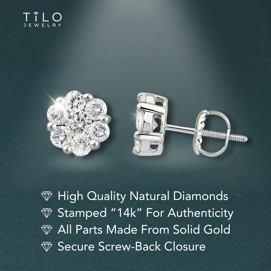 14K White Gold Diamond Cluster Stud Earring with Screw-Back, 0.75 Carats