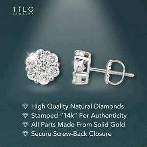 14K White Gold Diamond Cluster Stud Earring with Screw-Back, 0.75 Carats