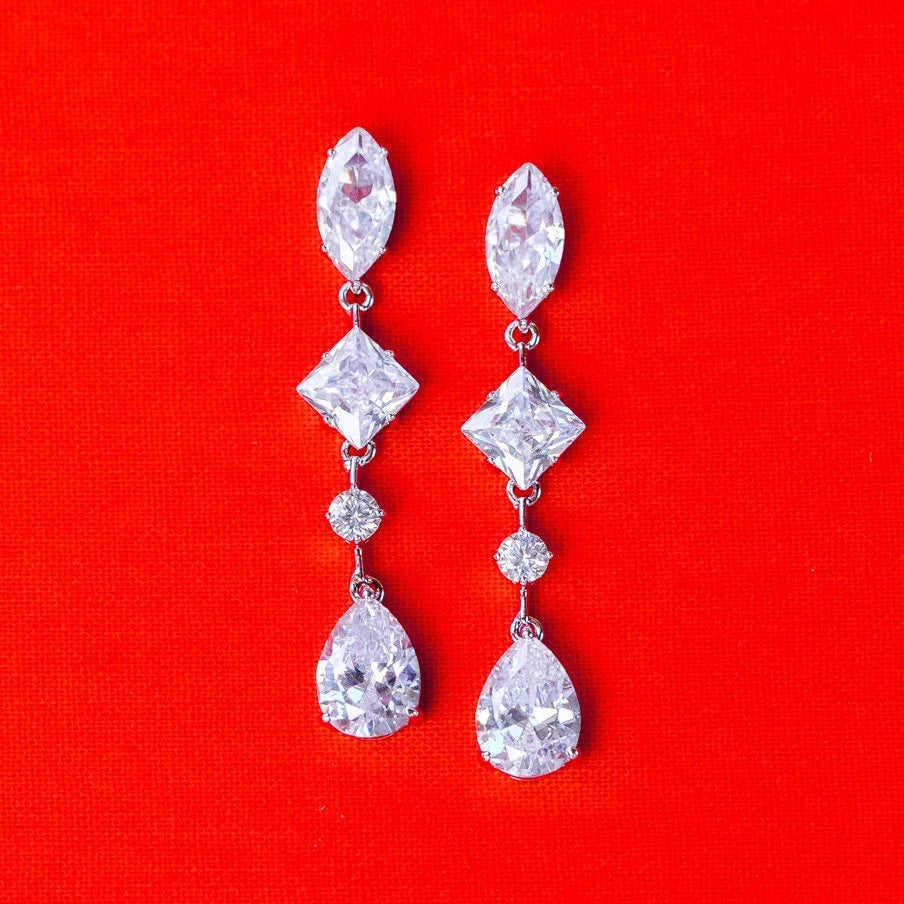 Tear Drop Wedding Jewelry, Square Diamond Dangle Earring, Oval Shape CZ, round Gem Earring, CZ Bride Earring, Silver Bridal Earring, Pear