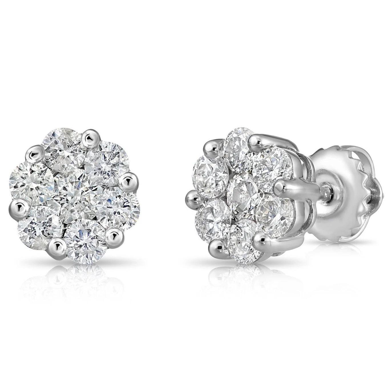 Stunning 14K White Gold Diamond Cluster Unisex Stud Earrings with Secure Screw Backs.
