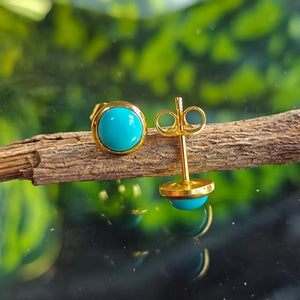 Sleeping Beauty Turquoise Studs Pair, Gold Plated Push Back Studes Earrings, 8Mm round Gemstone, Party Wear Earrings, Statement Jewelry.