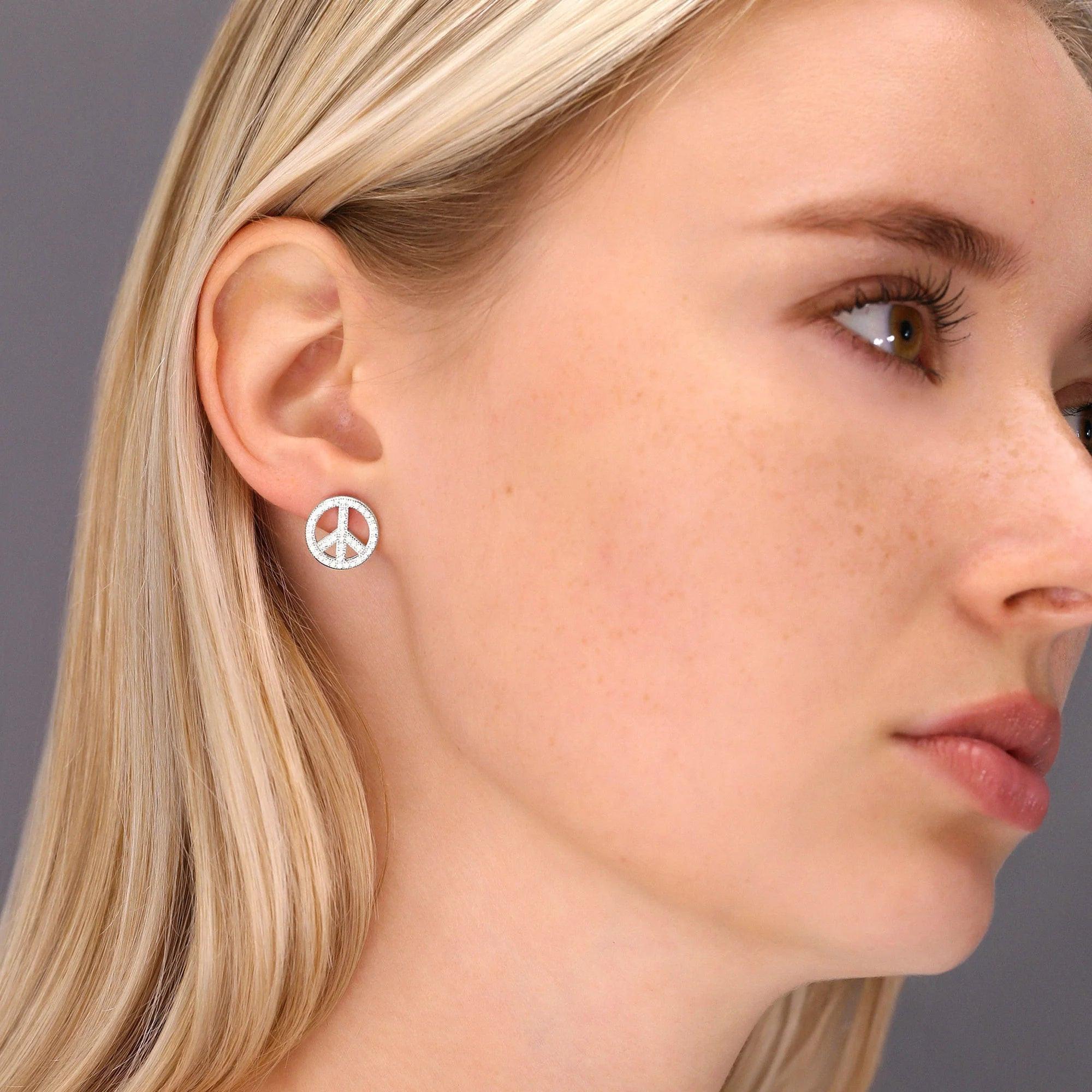 Sterling Silver CZ Small Open Peace Sign Stud Earrings – Trendy & Elegant Accessory.