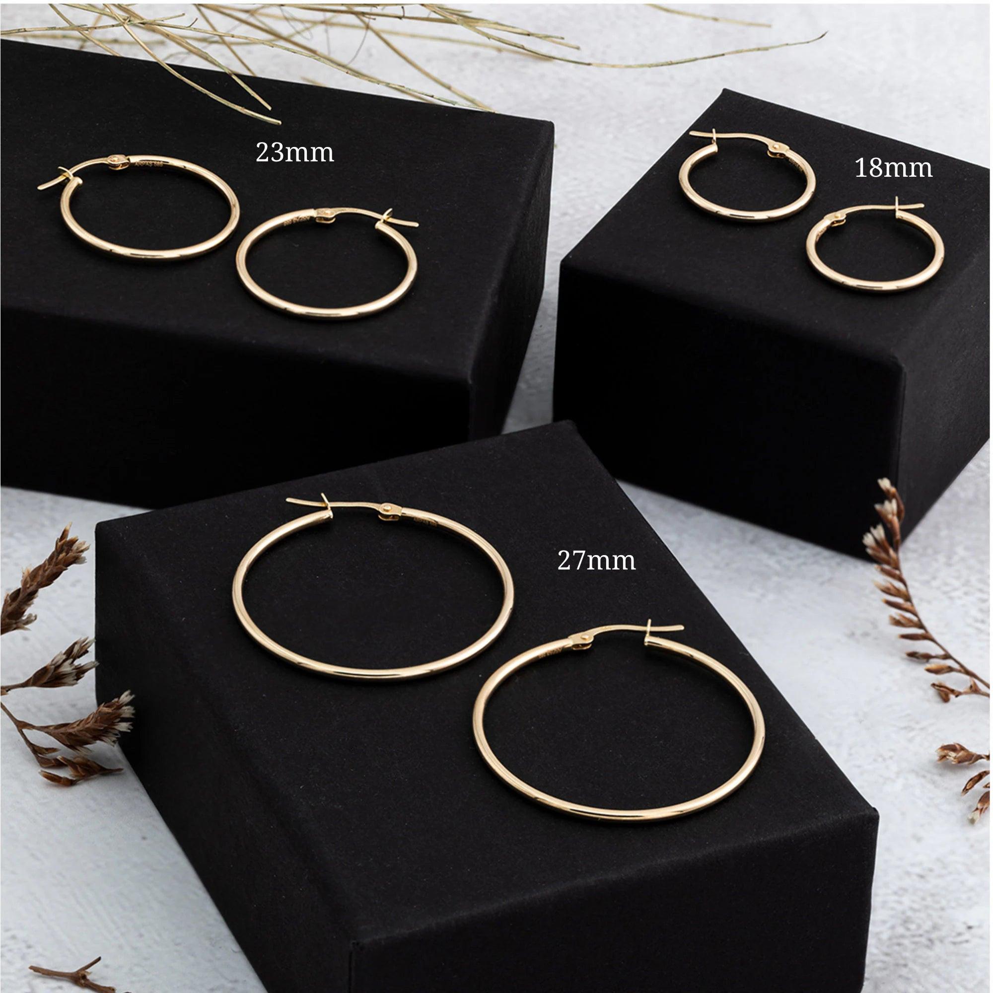 Elegant 14K Solid Gold Hoop Earrings - Classic Thickness, Available in Multiple Sizes (13mm, 18mm, 23mm, 32mm).
