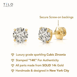 14K Yellow Gold round Simulated Diamond Stud Earrings, Brilliant CZ Studs, Basket Set, Classic Screwback Studs, Unisex, by TILO Jewelry