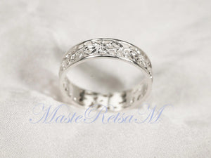 ZP160- Handmade Sterling Silver Openwork Pattern Floral Ring: 18K Gold Vermeil Vintage Band