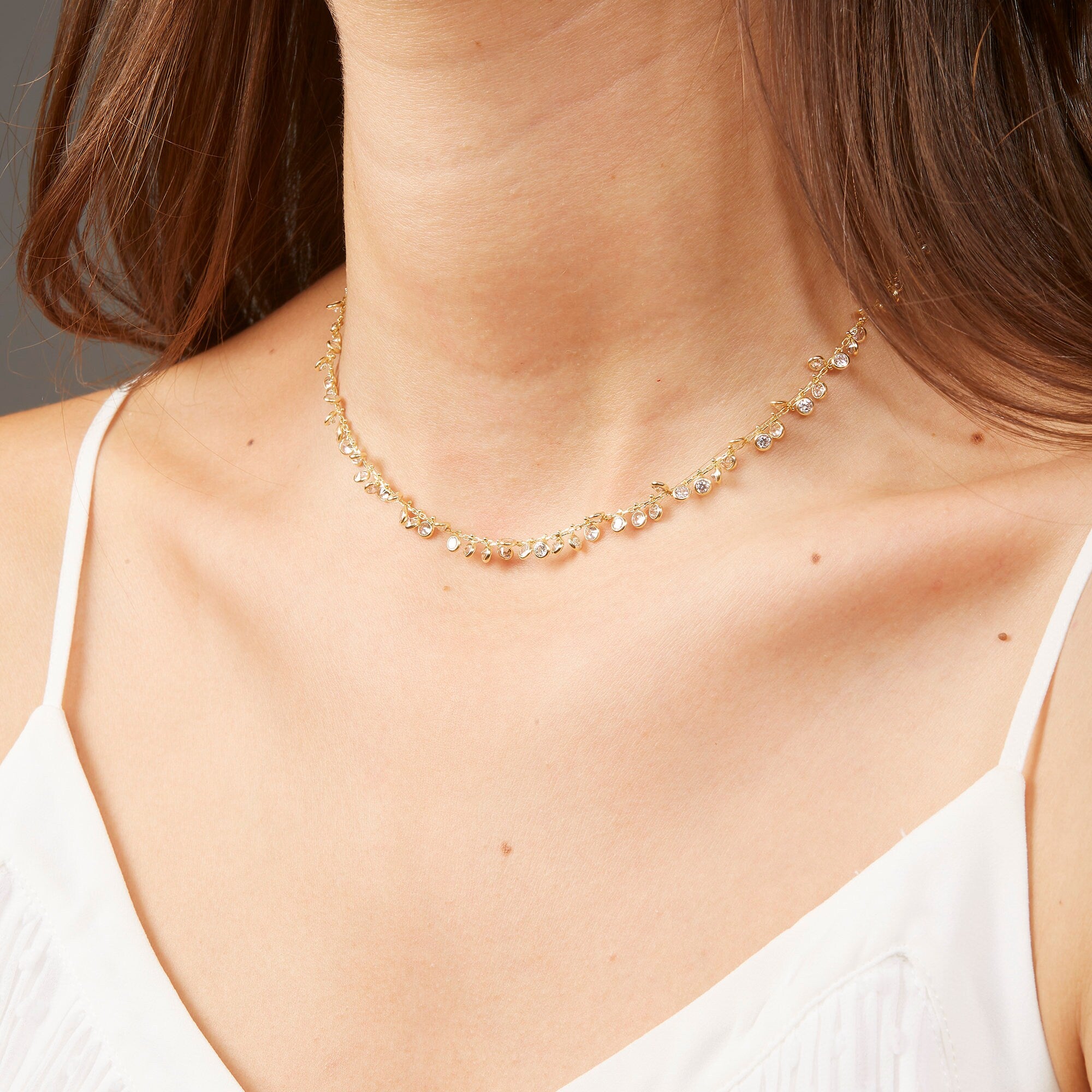 ECRIN | Dainty round Diamond Dangle Necklace, Diamond Station Bezel Necklace