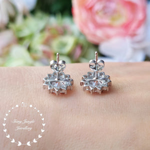 Diamond Stud Earrings, Flower Halo Diamond Simulant Studs, 14K White Gold and Rose Gold Plated Sterling Silver, Christmas Gift with Box