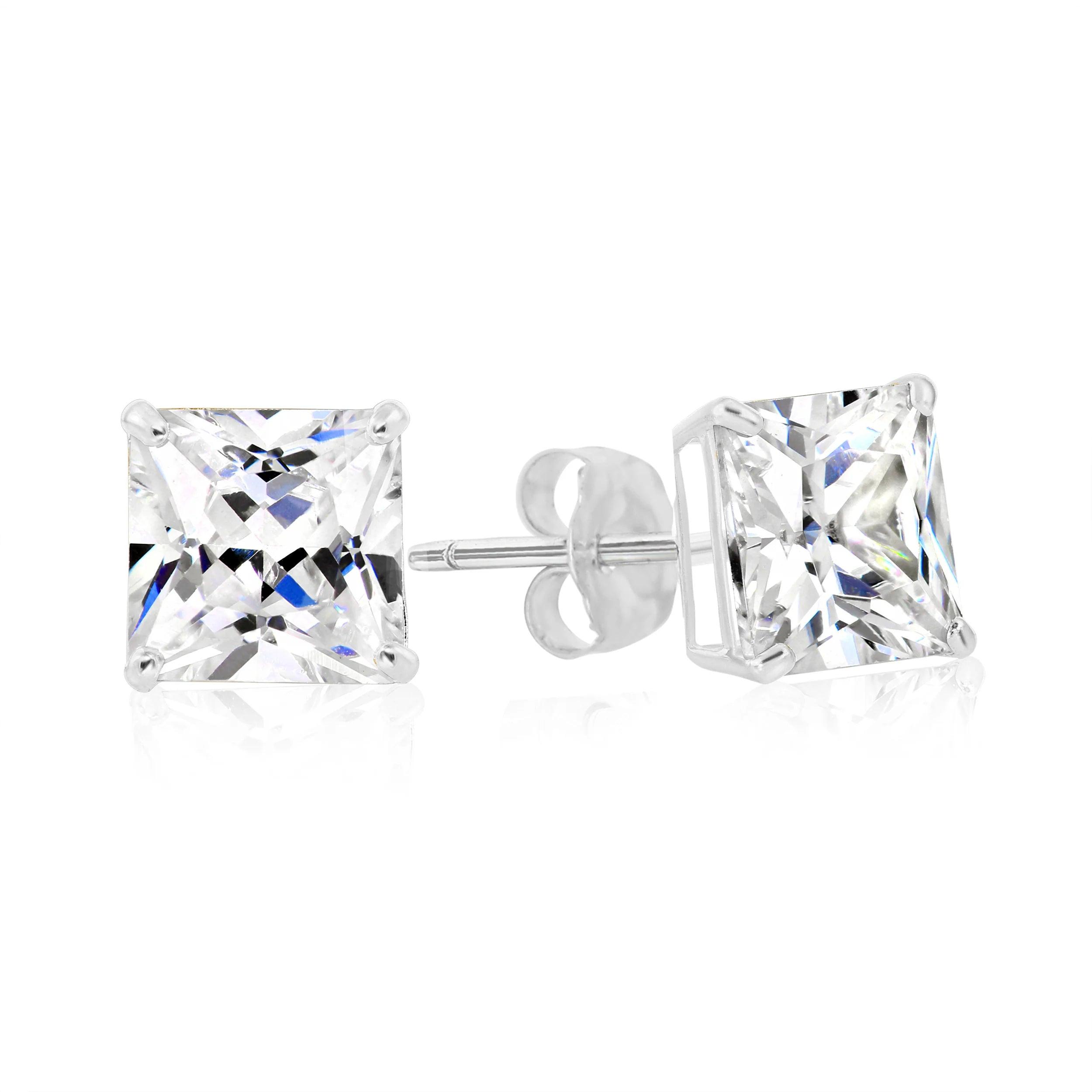 Elegant Sterling Silver Princess-Cut CZ Pushback Stud Earrings.