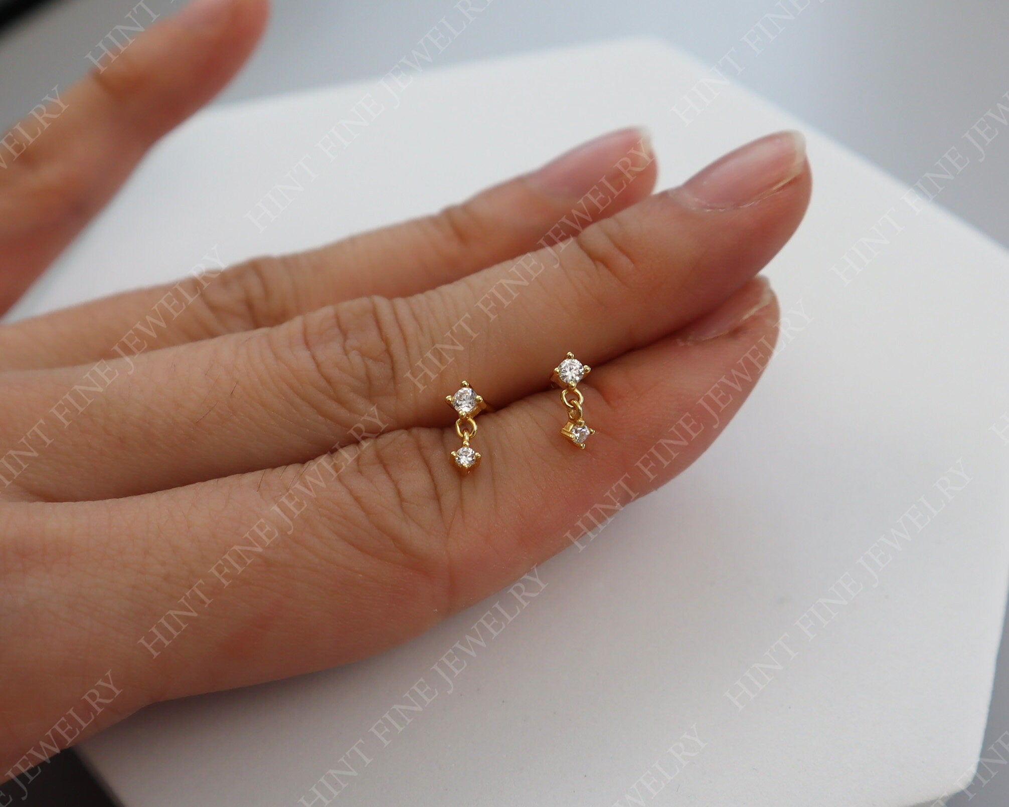 CZ Cubic Diamond Drop Dangle Studs, Dainty Tiny CZ Studs, 18K Gold Plated Sterling Silver Tiny Stud Earrings, Cartilage Stud, Gift for Her