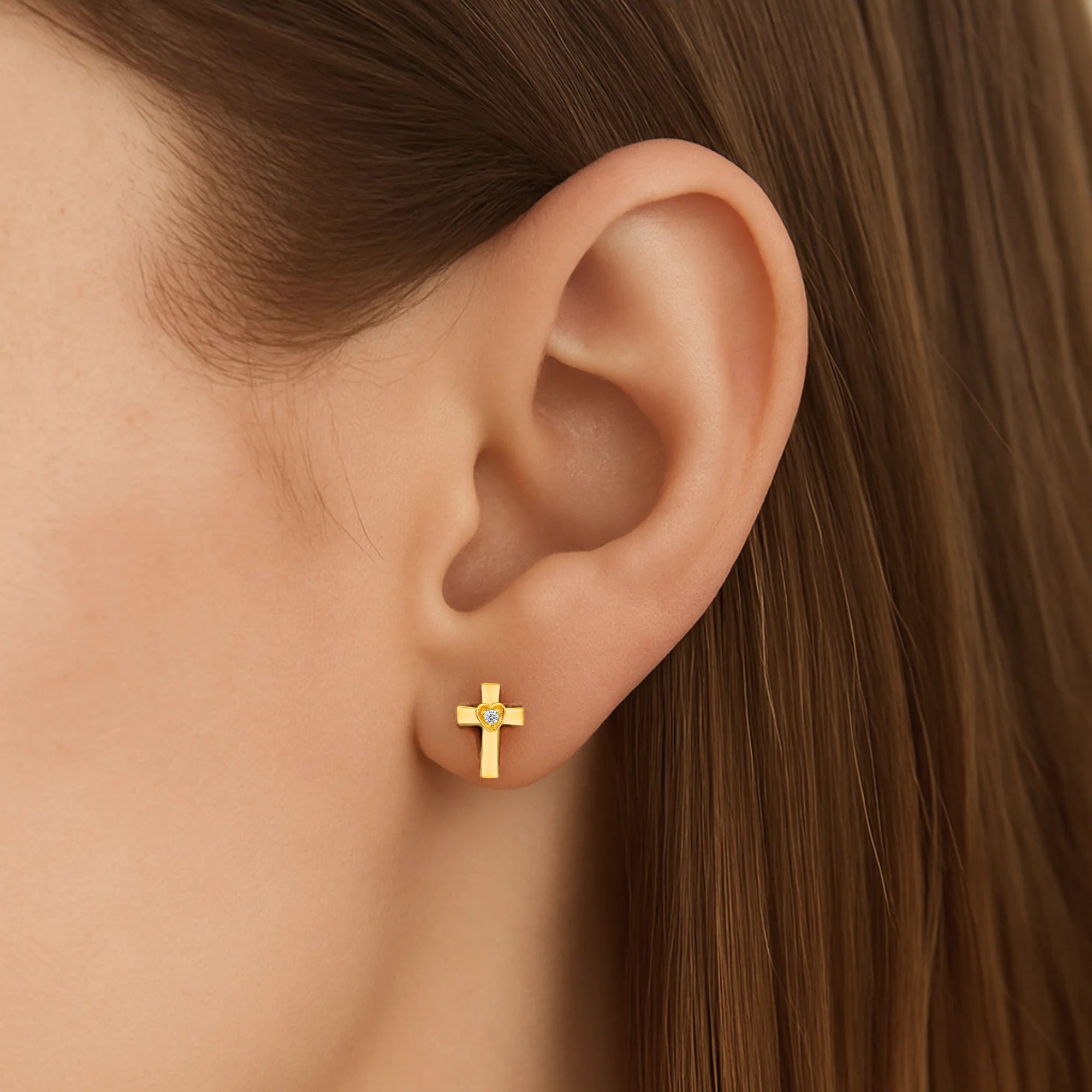 10K Yellow Gold Cross & Heart Stud Earrings with Center Stone