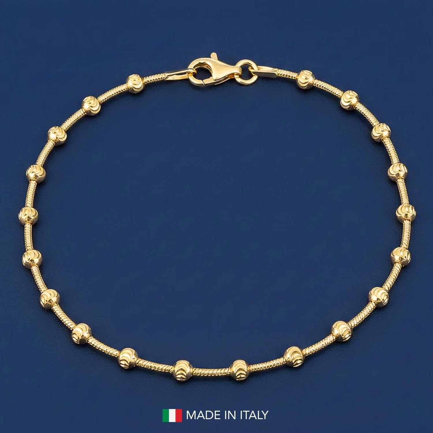 Elegant Sterling Silver Gold Plated Diamond-Cut Moon Bracelet with Beaded Ball Station Chain - Adjustable 7" to 7.5" with Secure Lobster Lock - Made in Italy.