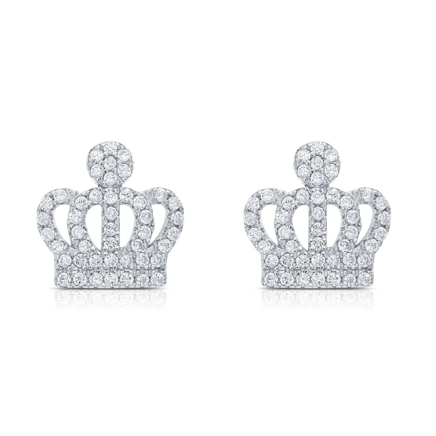 Elegant CZ Royal Crown Sterling Silver Stud Earrings.