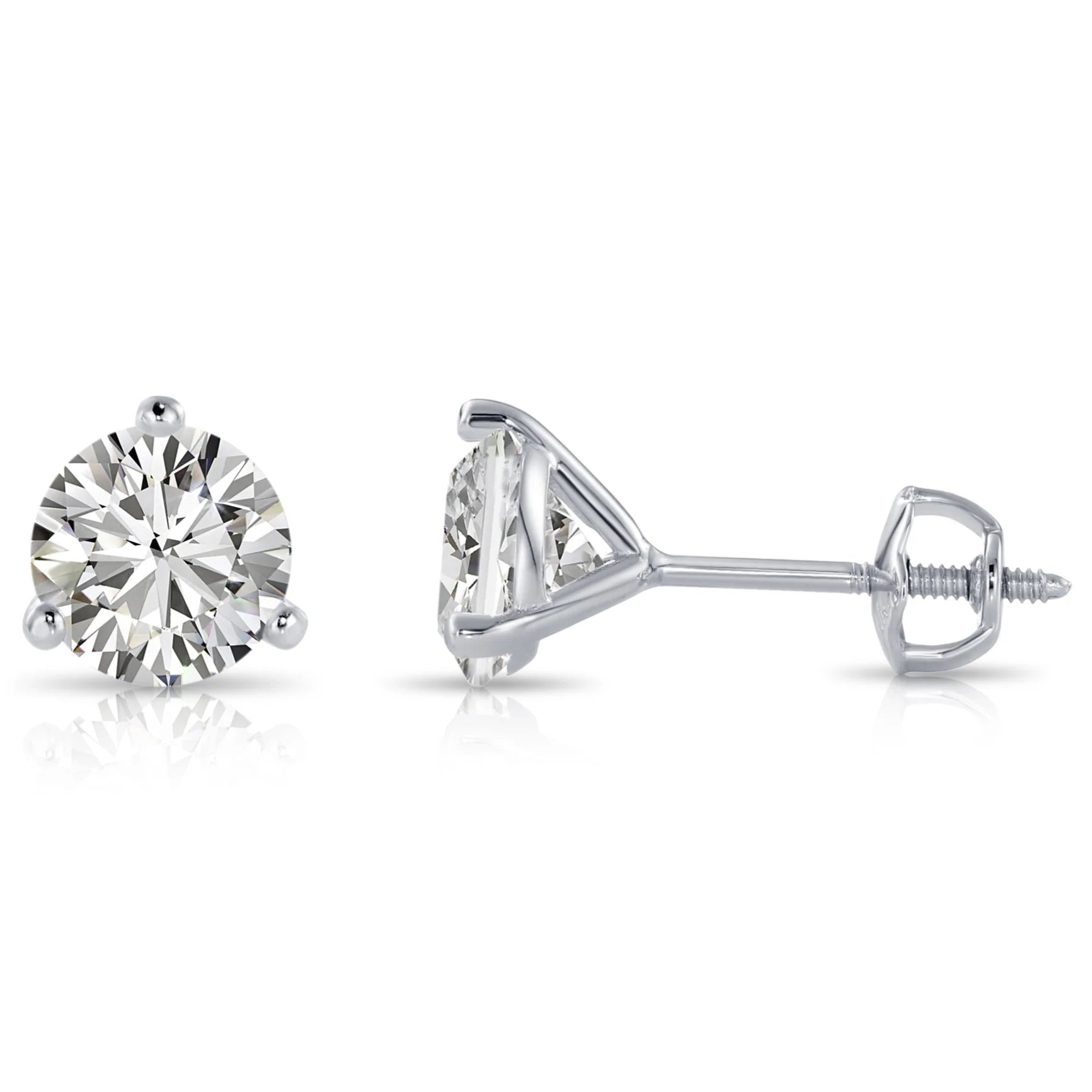 14K White Gold Brilliant-Cut Lab Diamond Studs, Classic Martini 3-Prong Setting, Screwback