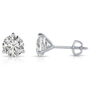 14K White Gold Brilliant-Cut Lab Diamond Studs, Classic Martini 3-Prong Setting, Screwback
