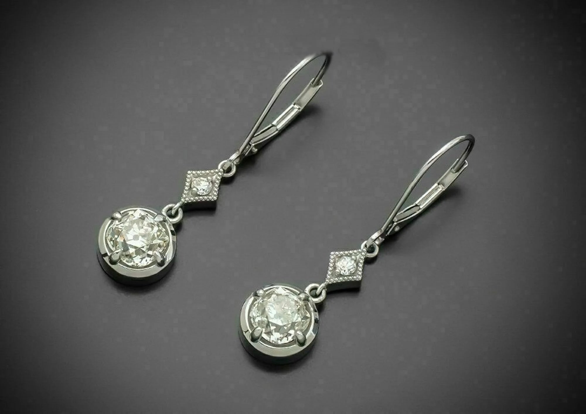 Antique Old Mine Cut & round Moissanite Diamond Dangle Earring, Vintage Two Stone Long Dangle Earring for Woman'S, Lever Back Drop Earring