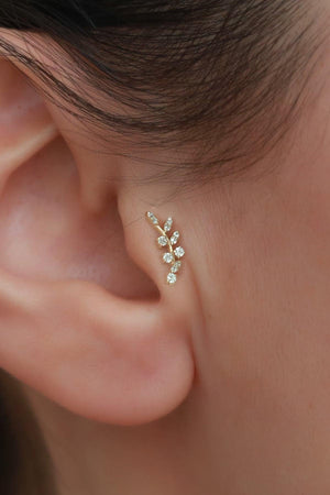 14K Solid Gold Leaf Cluster Stud Earrings – Elegant Nature-Inspired Design for Multiple Piercings.