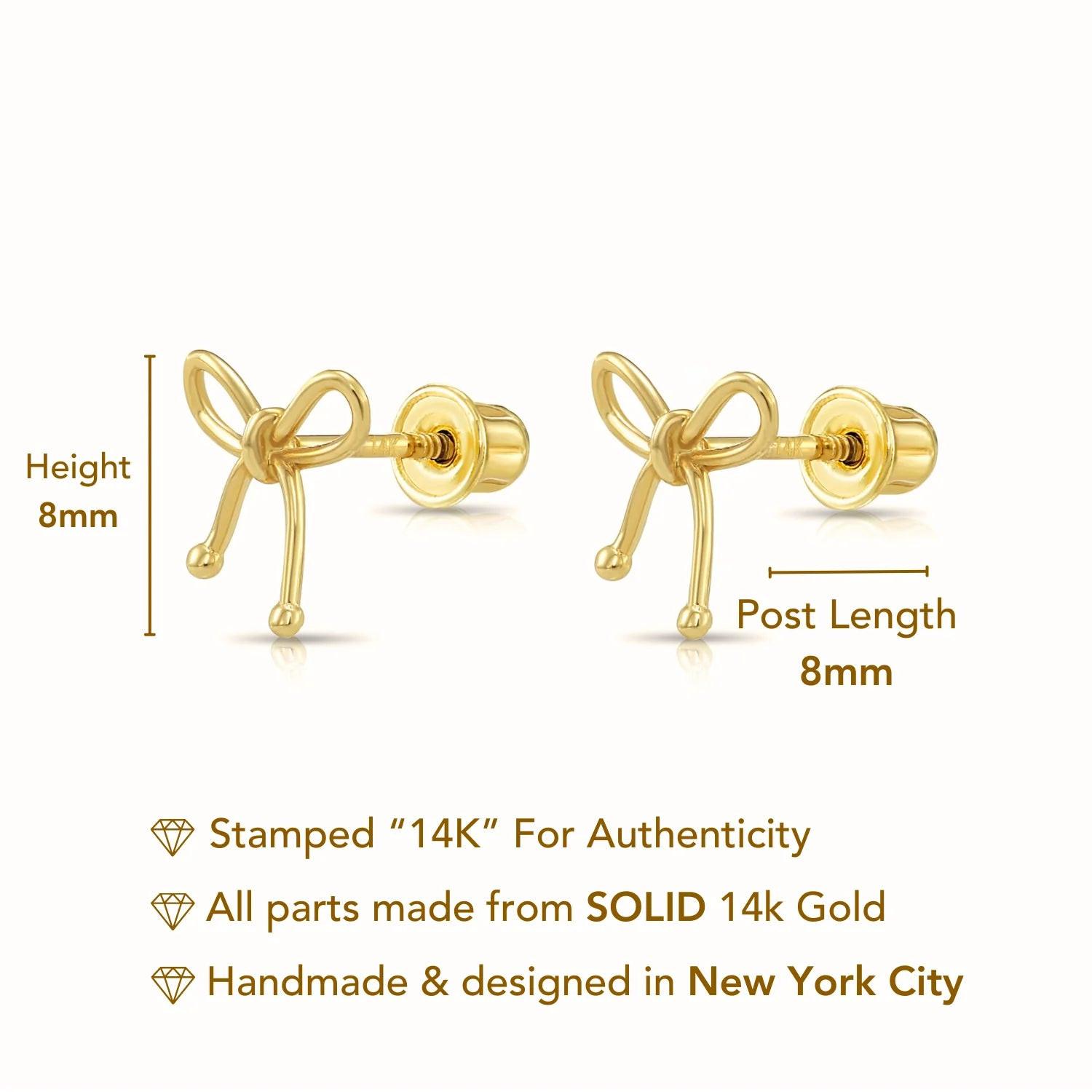 Elegant 14K Solid Yellow Gold Ribbon Bow Stud Earrings with Secure Screwback Closure.
