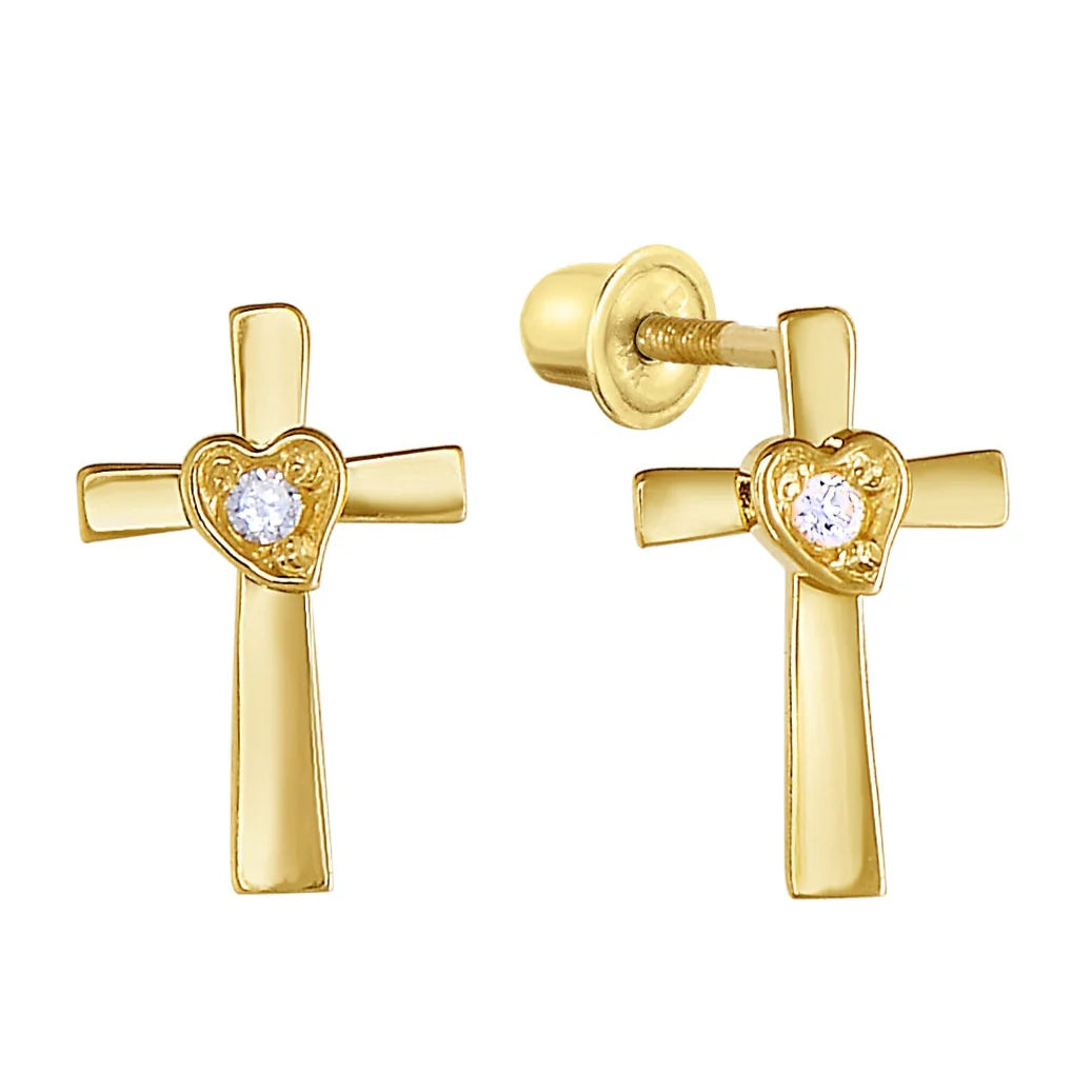 14K Gold CZ Cross Stud Earrings with Screwbacks