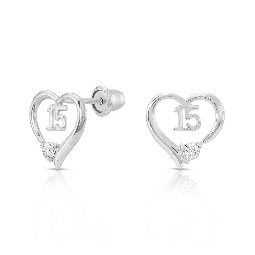 10K Gold 15Th Birthday Heart Stud Earrings