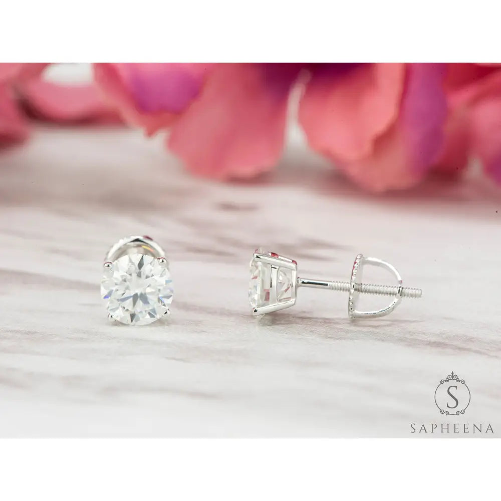 10K Gold Moissanite Stud Earrings | Screw Back round Cut Solitaire | Everyday Diamond Alternative Earrings