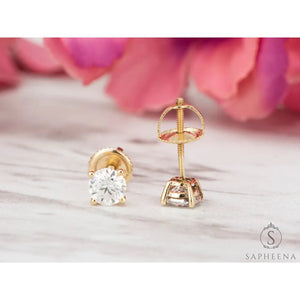 10K Gold Moissanite Stud Earrings | Screw Back round Cut Solitaire | Everyday Diamond Alternative Earrings