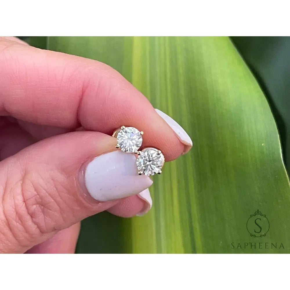10K Gold Moissanite Stud Earrings | Screw Back round Cut Solitaire | Everyday Diamond Alternative Earrings