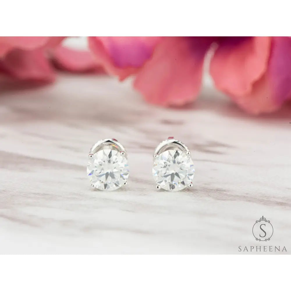 10K Gold Moissanite Stud Earrings | Screw Back round Cut Solitaire | Everyday Diamond Alternative Earrings