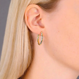 10K Gold Two-Tone Twisted Oval Hoop Earrings, Hand Engraved Diamond-Cuts, 1 Inch (25Mm) Hoops, Made by TILO Jewelry