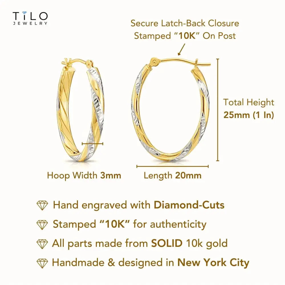 10K Gold Two-Tone Twisted Oval Hoop Earrings, Hand Engraved Diamond-Cuts, 1 Inch (25Mm) Hoops, Made by TILO Jewelry