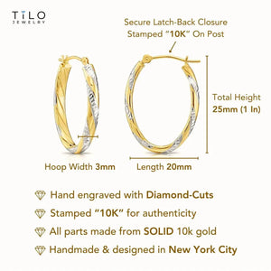 10K Gold Two-Tone Twisted Oval Hoop Earrings, Hand Engraved Diamond-Cuts, 1 Inch (25Mm) Hoops, Made by TILO Jewelry