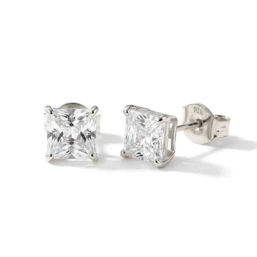 10K White Gold Princess-Cut Square CZ Studs, Pushback