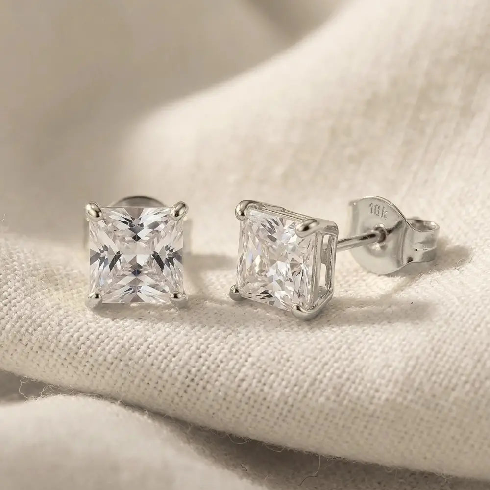 10K White Gold Princess-Cut Square CZ Studs, Pushback